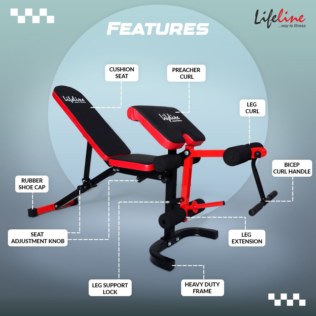 Adjustable Bench with Preacher Curl and Leg Extensions - Nfinity | Fitness and gym equipment | Dumbbells | Plates